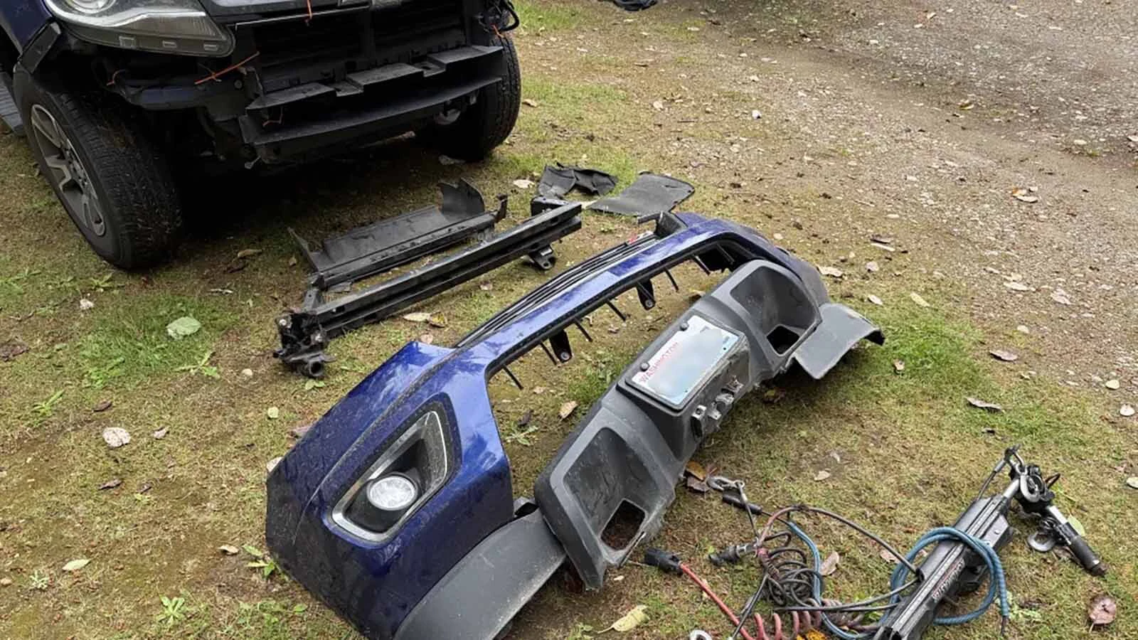 xDavid and Jennifer Sinclar were leaving a gas station in Canada when the tow base plate on their RV broke. A video of them dragging their Chevy Colorado's bumper down the road has gone viral. They went back and found their truck — in need of some repair work.