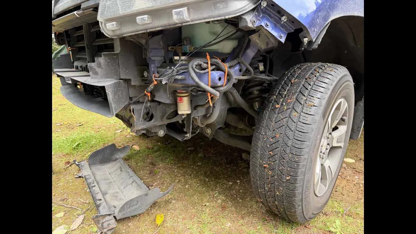 xDavid and Jennifer Sinclar were leaving a gas station in Canada when the tow base plate on their RV broke. A video of them dragging their Chevy Colorado's bumper down the road has gone viral. They went back and found their truck — in need of some repair work.