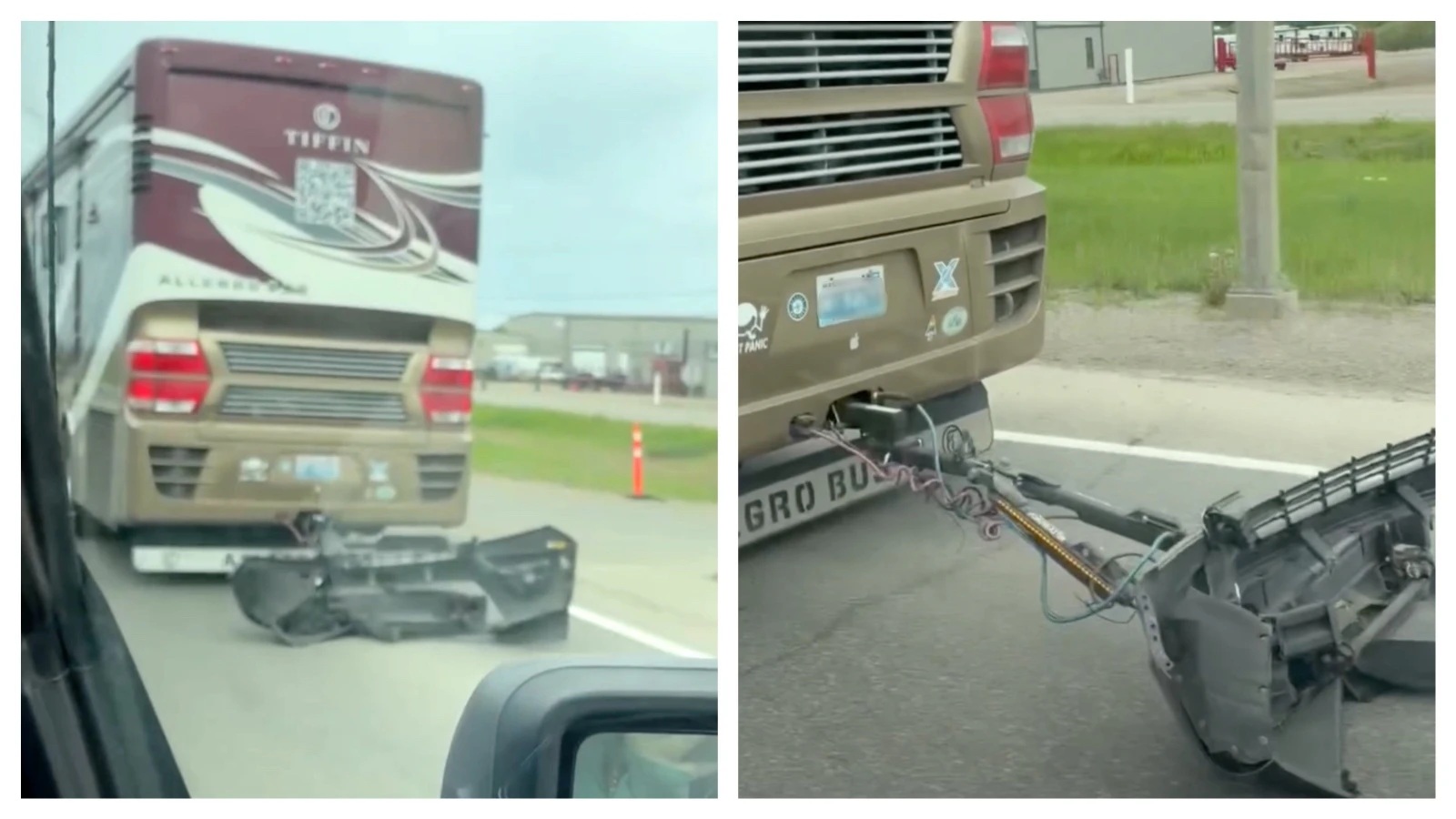 David and Jennifer Sinclar were leaving a gas station in Canada when the tow base plate on their RV broke. A video of them dragging their Chevy Colorado's bumper down the road has gone viral.