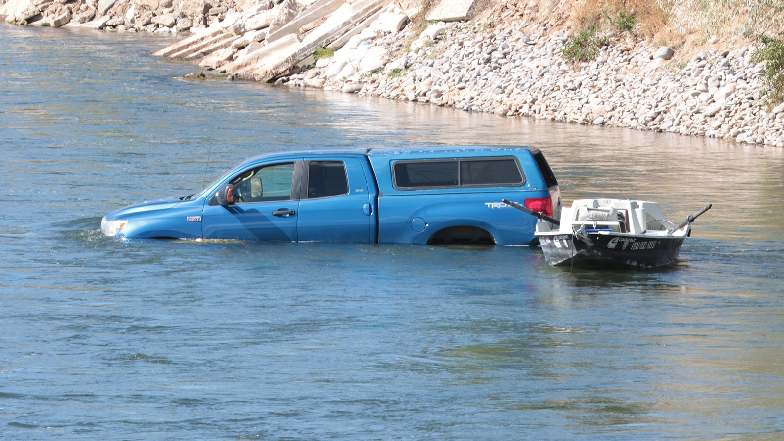 Floyd Tillery was surprised to see this pickup submerged in the Bighorn River on Thursday still connected to a trailer and boat.