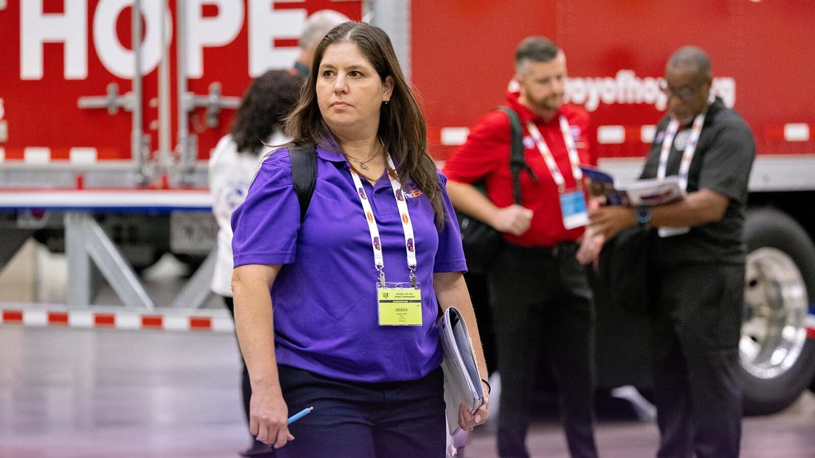 Jessica Smith of Shoshoni Wyoming walked the obstacle course before her drive around the rubber duckies. She competed this past week at the National Truck Driving and Step Van Driving Championships in Minneapolis, Minnesota.