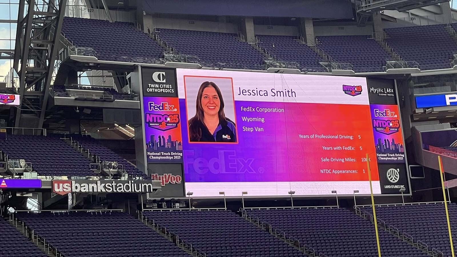 The National Truck Driving and Step Van Driving Championships was held this past weekend at the Minneapolis Convention Center. Jessica Smith of Shoshoni, Wyoming represented Wyoming’s FedEx and had her moment on the big screen. She won first place in Wyoming in the Step-In Van Competition.
