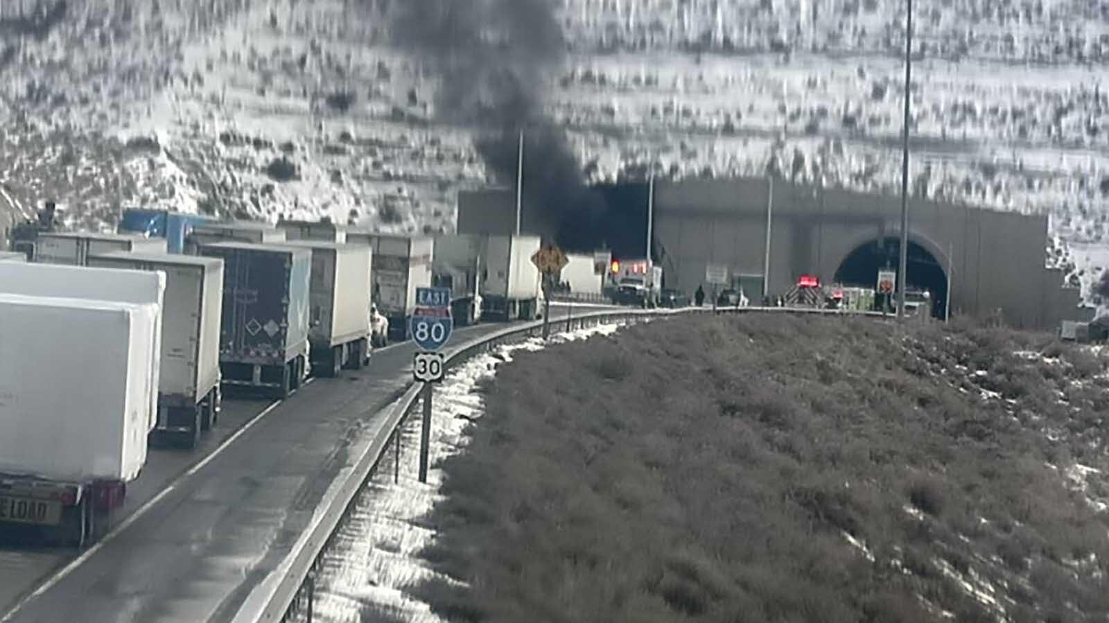 A long line of semitrucks backed up after a 26-vehicle crash in the Green River Tunnel on Feb. 14, 2025.