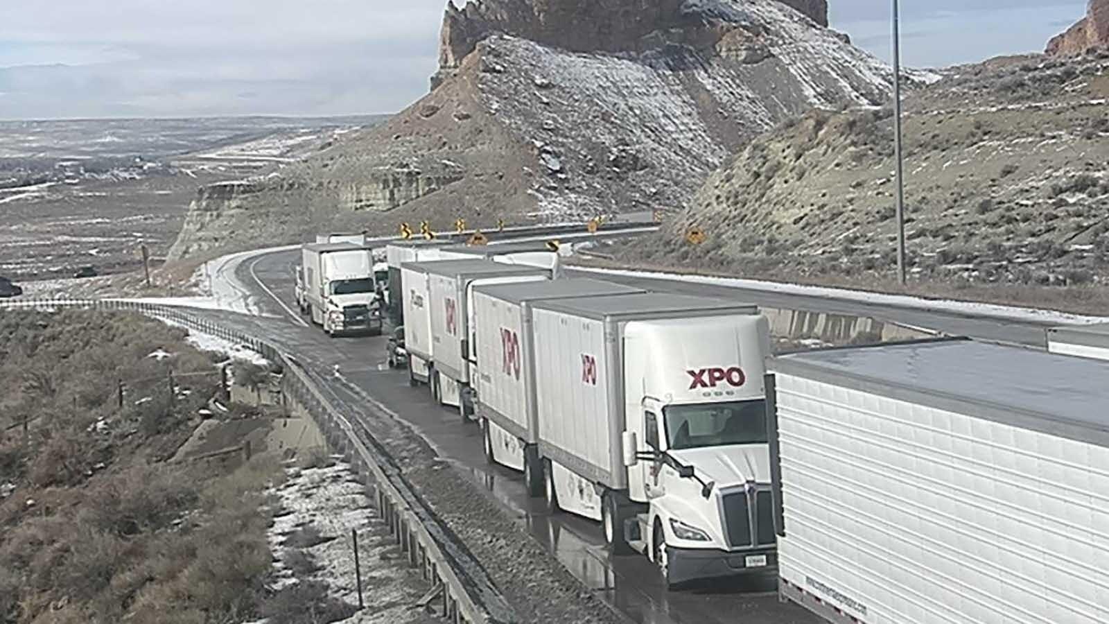 A long line of semitrucks backed up after a 26-vehicle crash in the Green River Tunnel on Feb. 14, 2025.