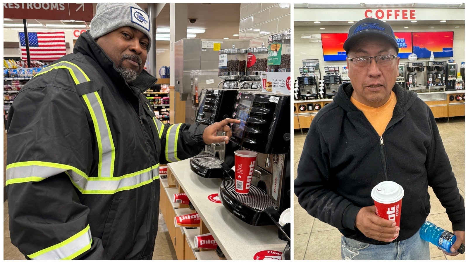 Truckers Cometric Wright, left, and Gilbert Ben say they'd be unhappy campers if they pulled into a truck stop needing a caffeine jolt and there was no coffee.