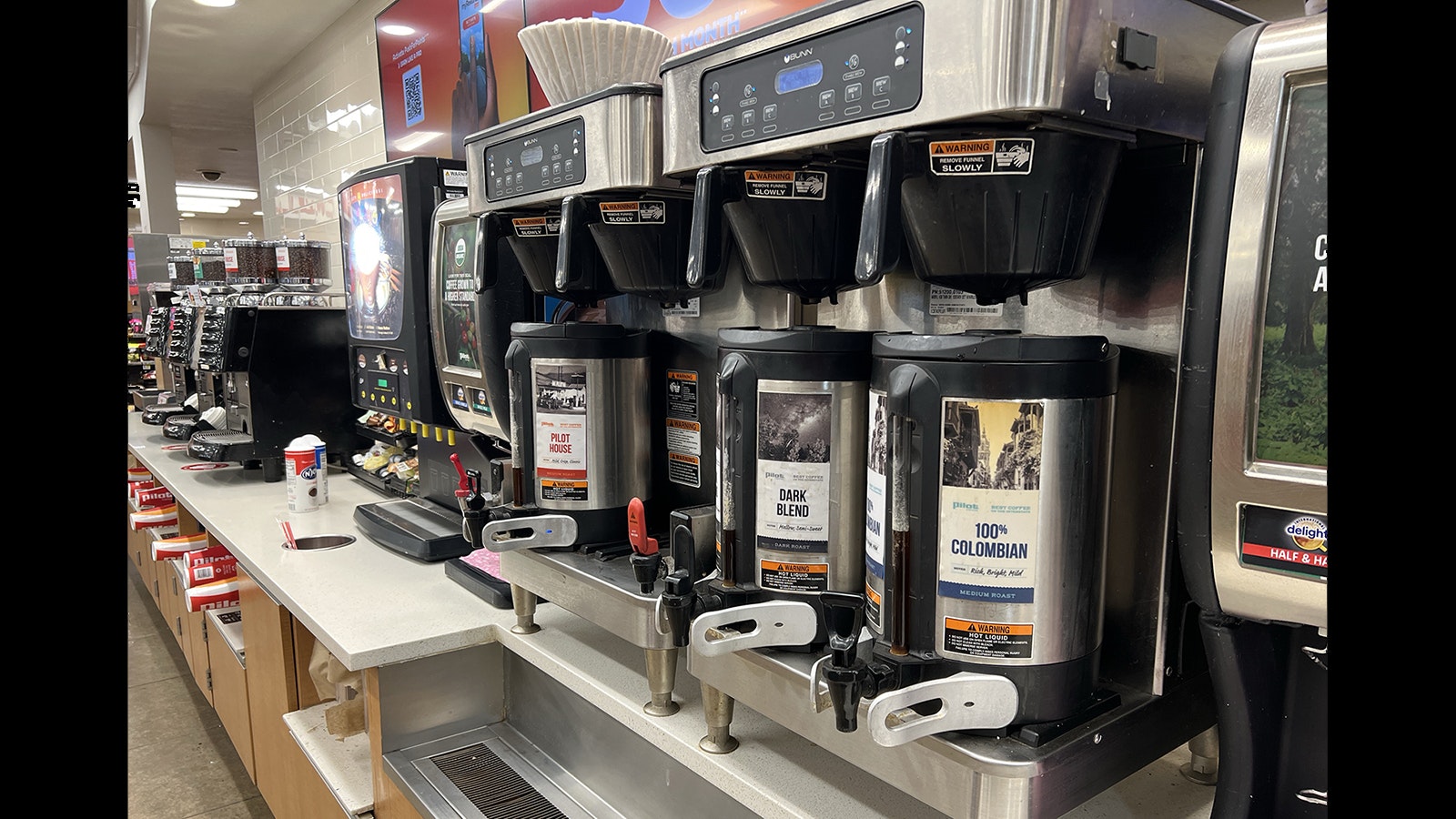 Proclaiming it has the "best coffee on the interstate," an entire wall is dedicated to coffee at the Flying J truck stop in Cheyenne.