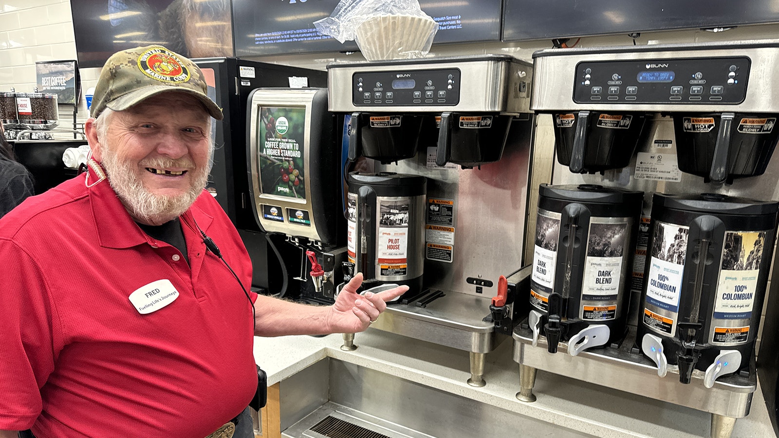 Fred Culek tends the coffee station at the Flying J truck stop in Cheyenne.