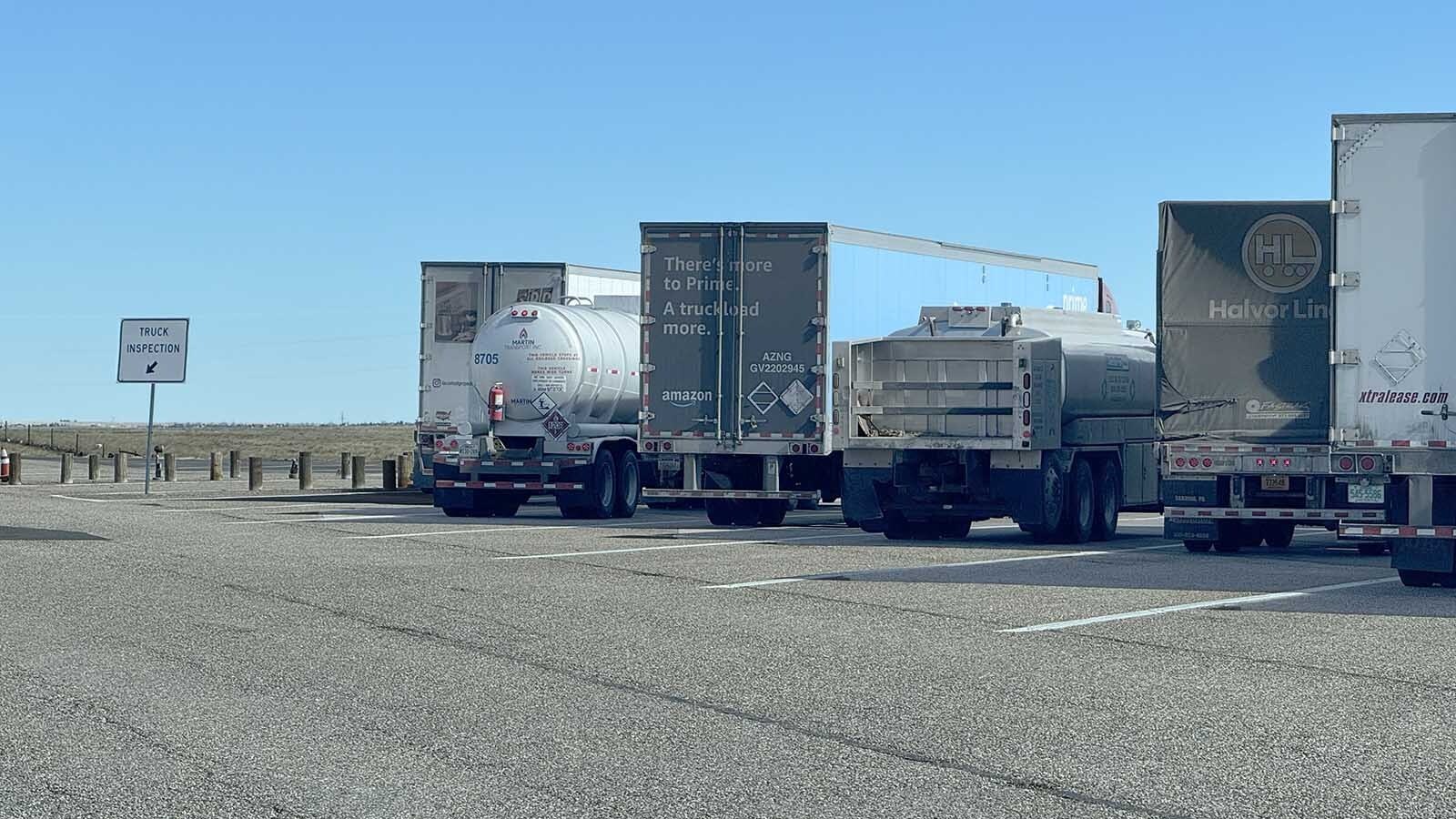 Trucks parked at the port of entry on northbound Interstate 25 south of Cheyenne.