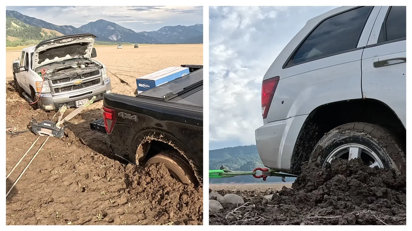 When a Jeep got stuck up to its axels in mud driving on the bottom of Palisades Reservoir on the Wyoming-Idaho border, a pair of trucks owned by family friends came to the rescue. Then they also got mired in "peanut butter" muck up to their fenders.