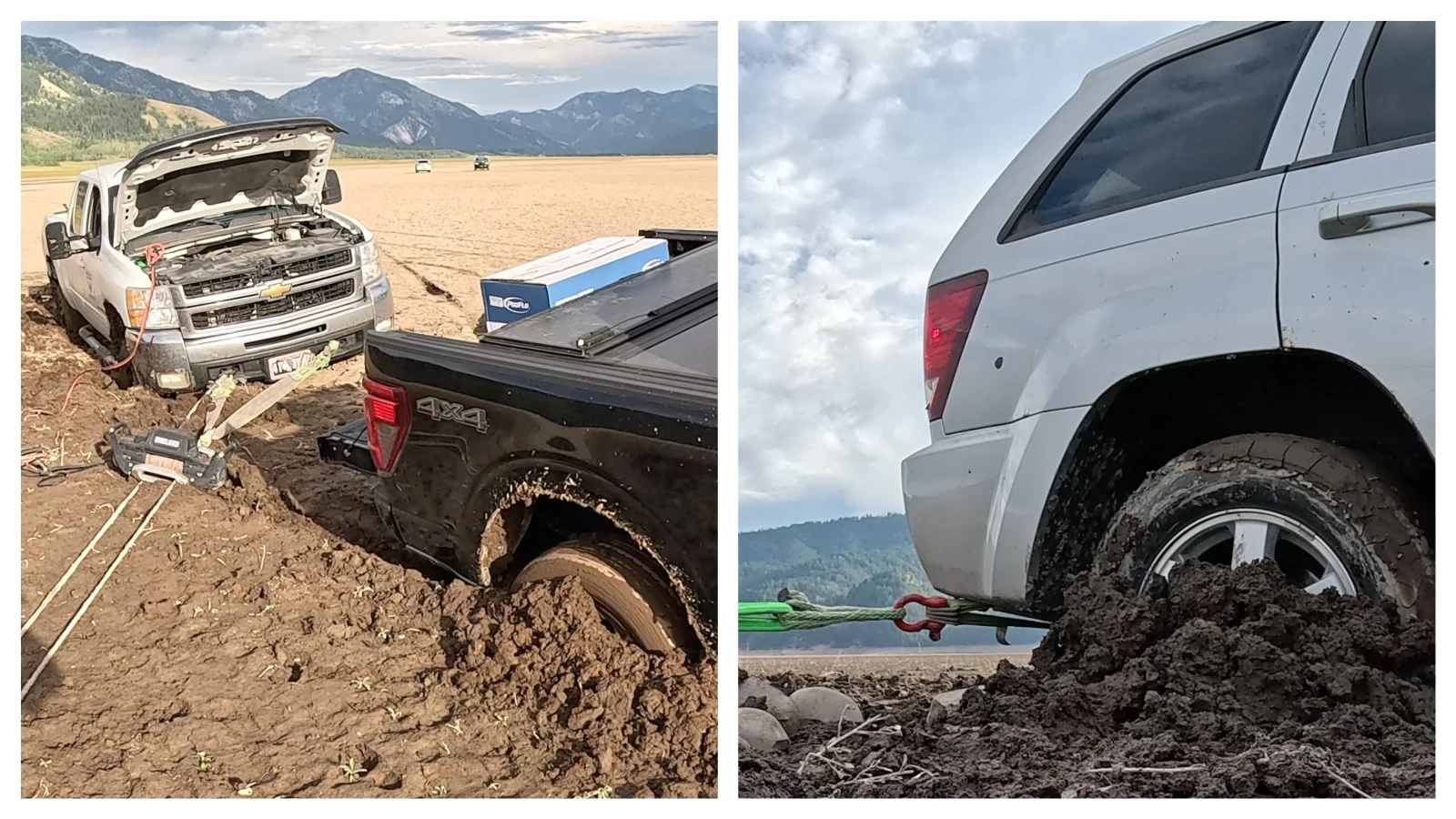 When a Jeep got stuck up to its axels in mud driving on the bottom of Palisades Reservoir on the Wyoming-Utah border, a pair of trucks owned by family friends came to the rescue. Then they also got mired in "peanut butter" muck up to their fenders.