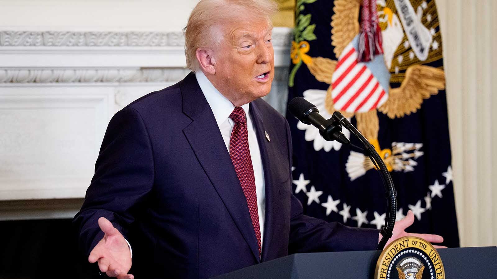 U.S. President Donald Trump speaks to Senate Republicans at a breakfast in the State Dining Room of the White House on Nov. 5, 2025, in Washington, D.C. President Trump wants Senate Republicans to scrap the 60-vote threshold to end the government shutdown and move other legislation without Democrats’ support. Wyoming’s U.S. senators oppose the idea, saying Democrats would retaliate down the road.