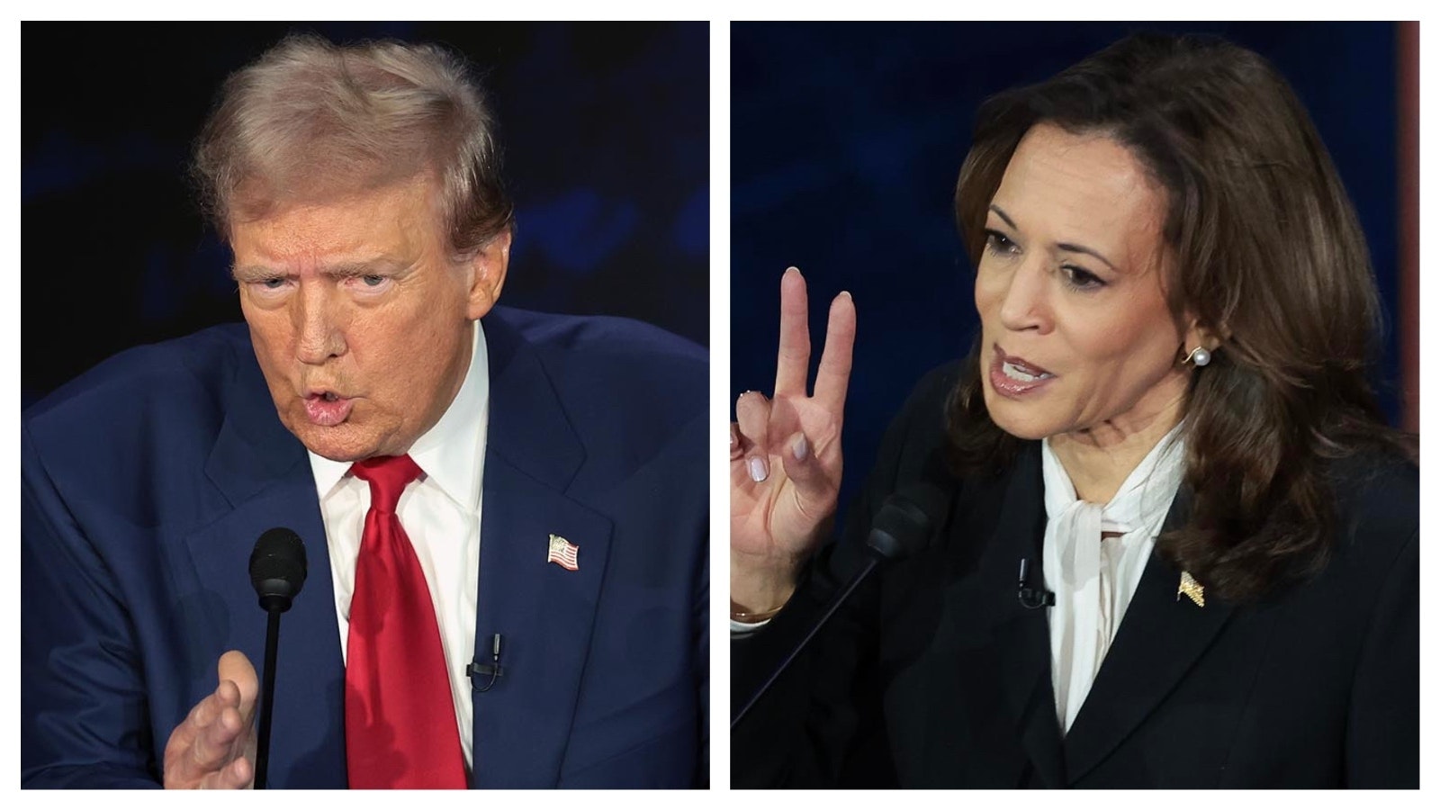 Former President Donald Trump, left, and Vice President Kamala Harris debate in Philadelphia on Tuesday, Sept. 10, 2024.