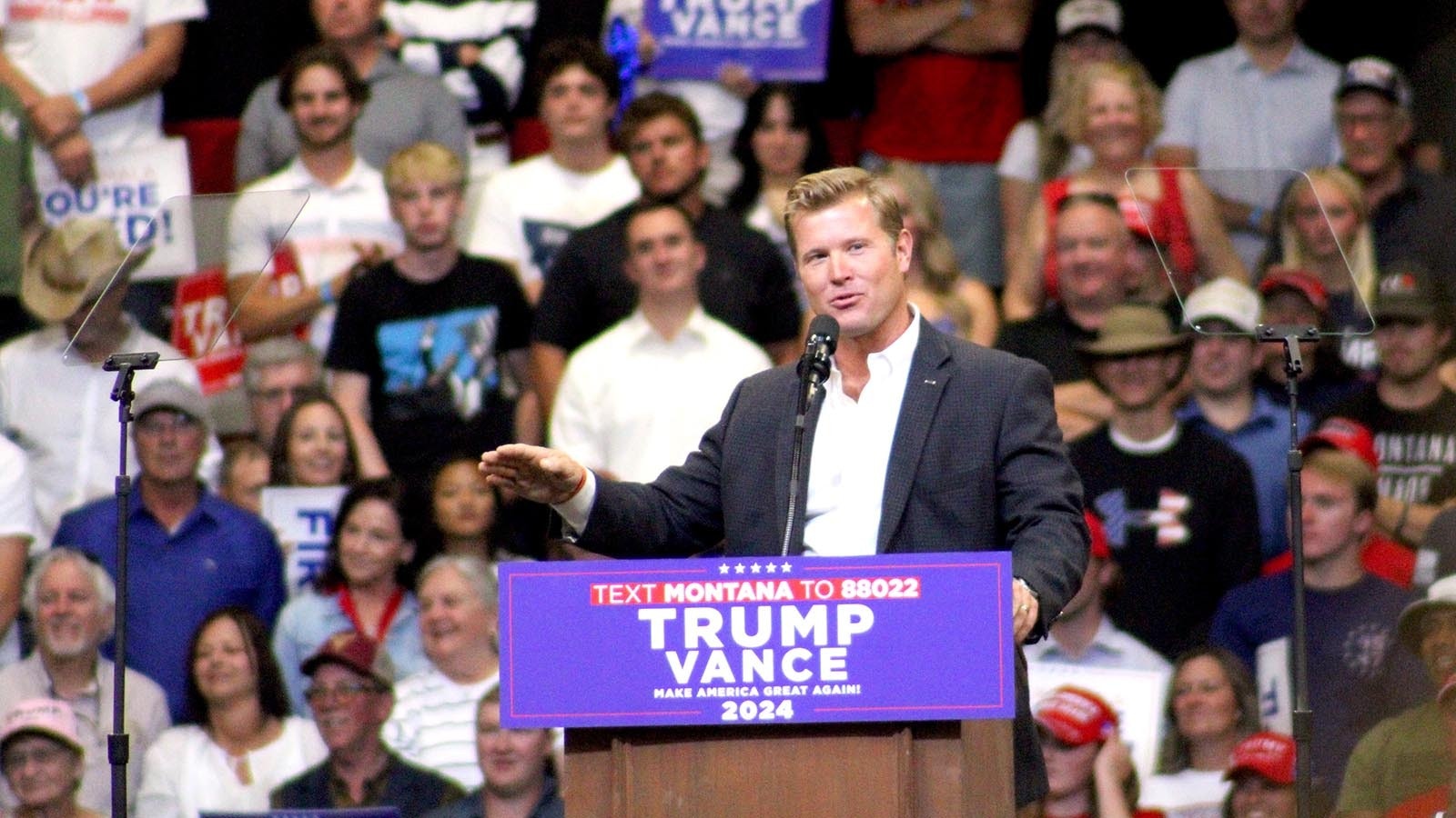 Montana Republican U.S. Senate candidate Tim Sheehy speaks during the rally, during which Trump repeatedly endorsed in his Senate race.