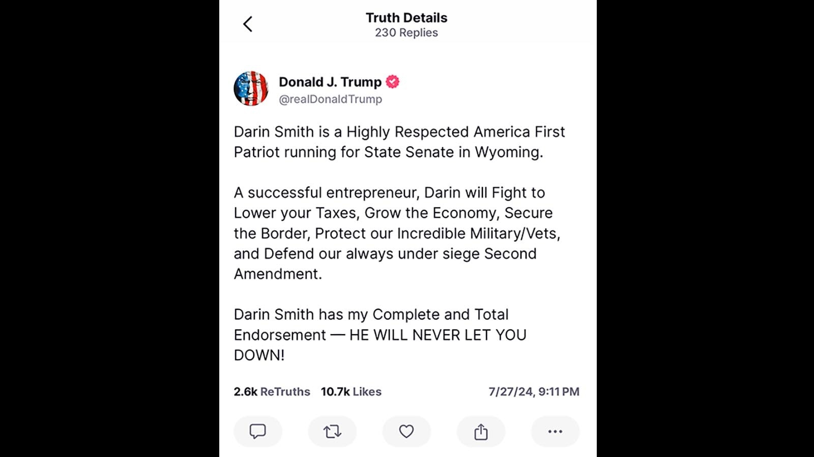 Former President Donald Trump officially endorsed Wyoming Legislature candidate Darin Smith in a Truth Social post made Saturday night, July 27, 2024.