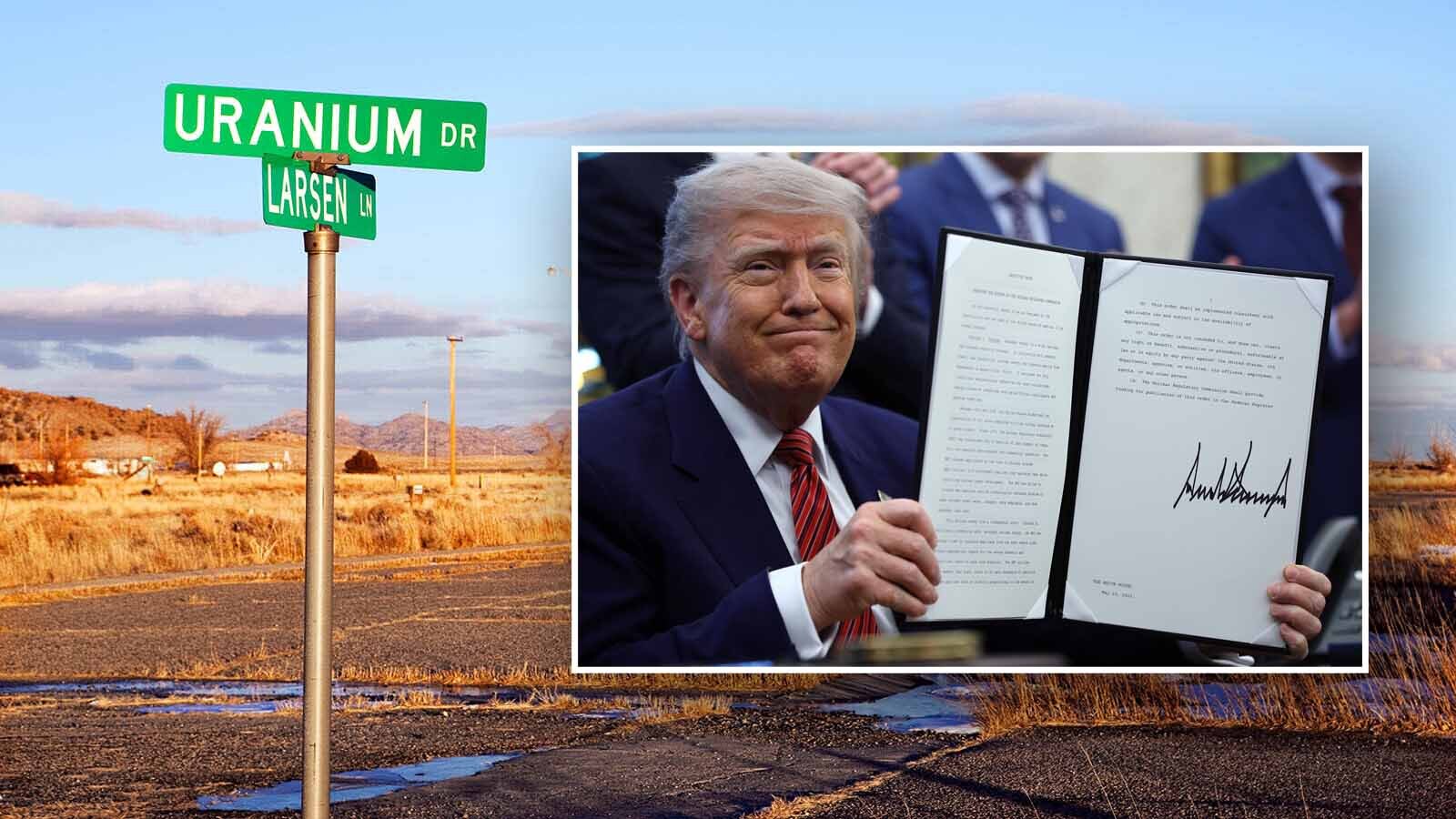 Inset: President Donald Trump holds up a signed executive order related to the nuclear power industry in 2025.