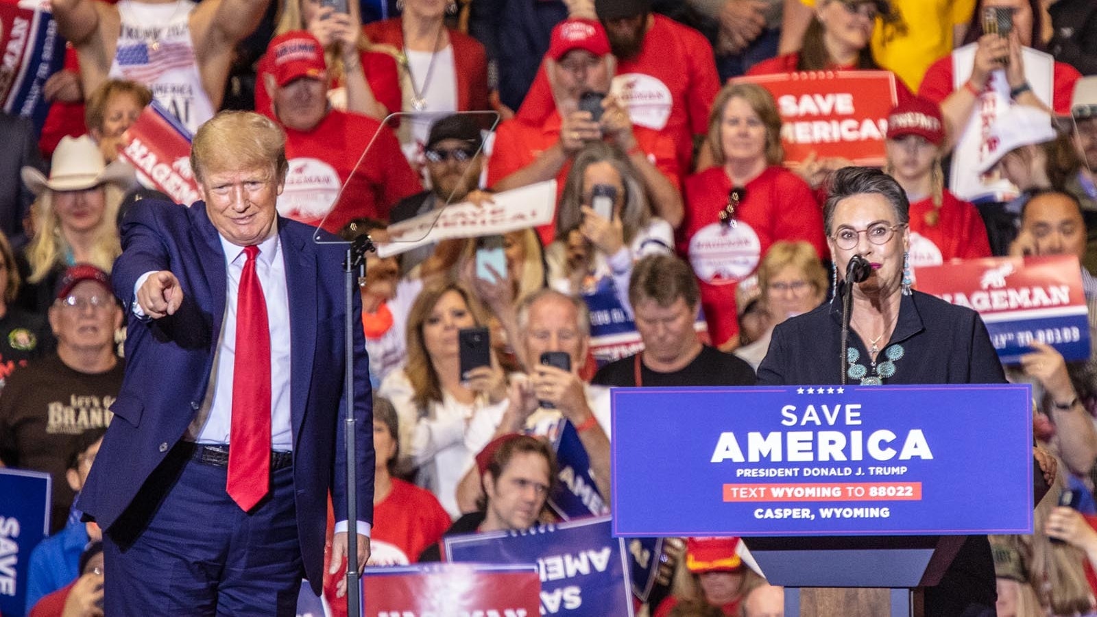 Former President Donald Trump rallies in Casper in 2022 in support of Harriet Hageman. New polls show both remain as popular as ever with Wyoming voters days before the Nov. 5, 2024, general election.