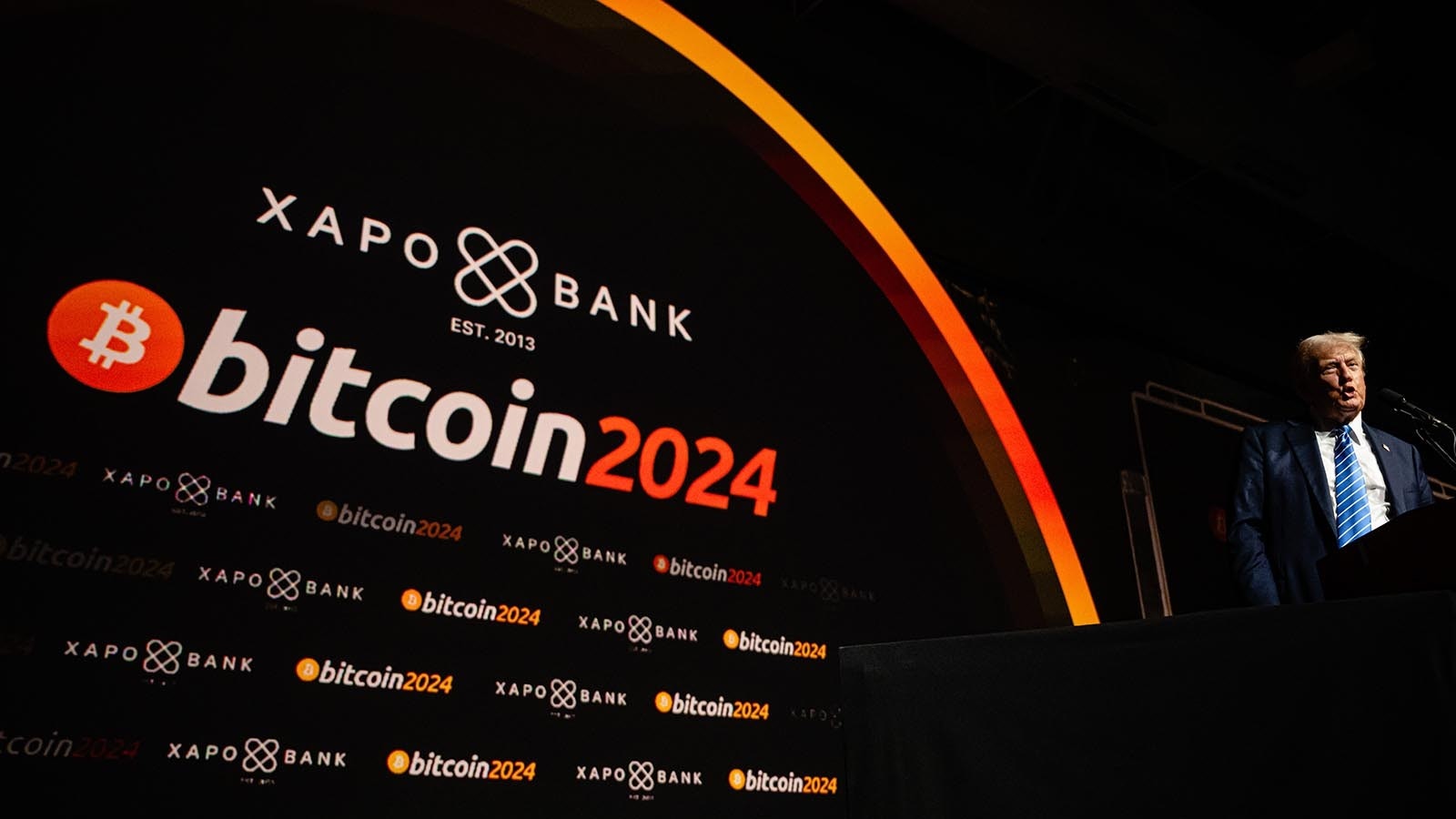 Now President-elect Donald Trump gives a keynote speech on the third day of the Bitcoin 2024 conference at Music City Center on July 27, 2024, in Nashville, Tennessee. The conference, which is aimed at bitcoin enthusiasts, features multiple vendor and entertainment spaces and seminars by celebrities and politicians.