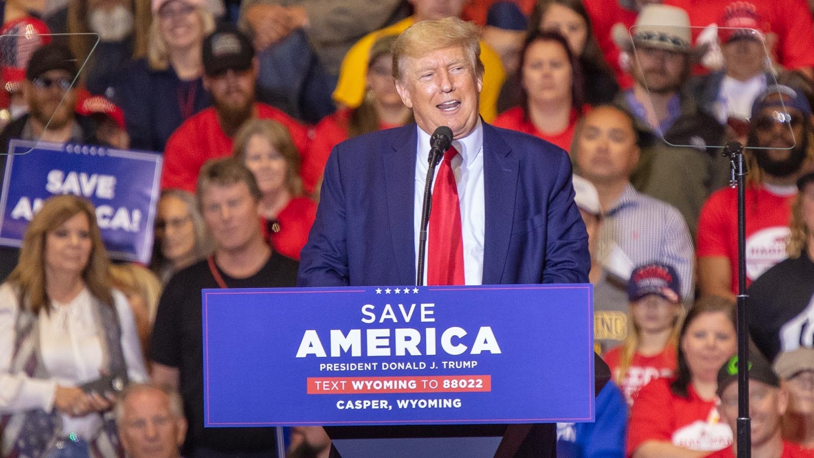 Former President Donald Trump, seen here in Casper, Wyoming, during a May 2022 rally, has been taken off the Colorado ballot in a decision announced Tuesday.