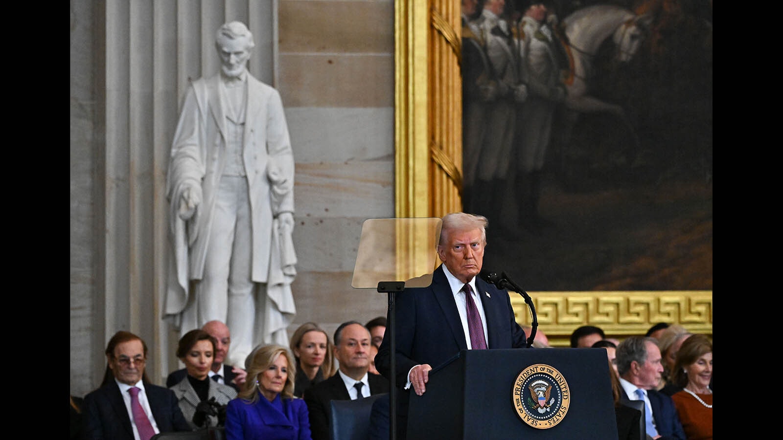 U.S. President Donald Trump speaks during inauguration ceremonies in the Rotunda of the U.S. Capitol on Jan. 20, 2025, in Washington, D.C. Donald Trump takes office for his second term as the 47th president of the United States.