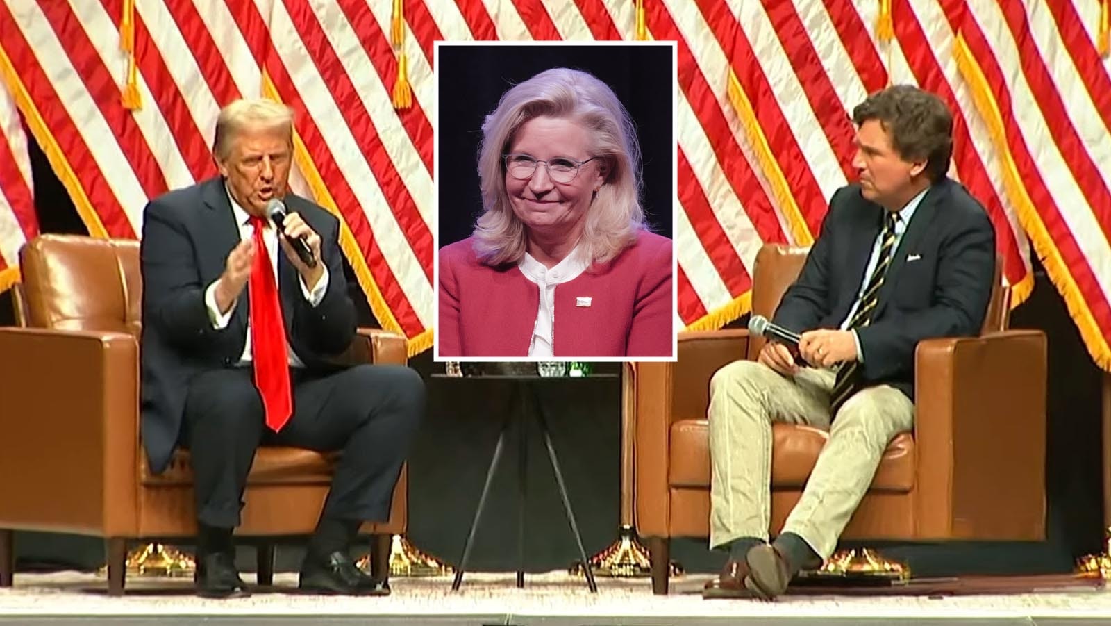 Former President Donald Trump, left, talks with conservative host Tucker Carlson, right, on Thursday. He reiterated his criticism of Liz Cheney during their interview.