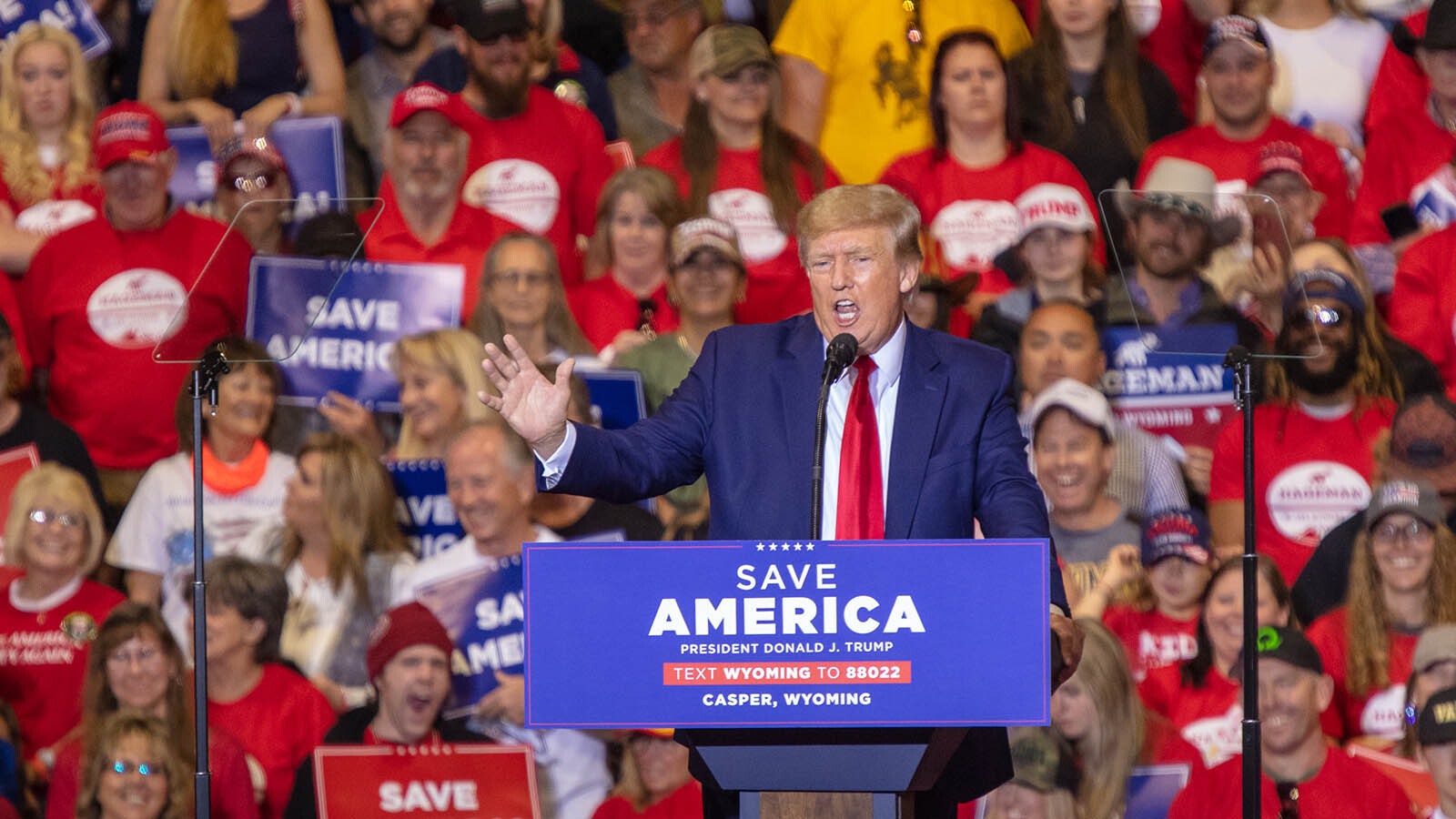 Former President Donald Trump speaks to an enthusiastic packed crowd at the Ford Wyoming Center in Casper in May 2022.