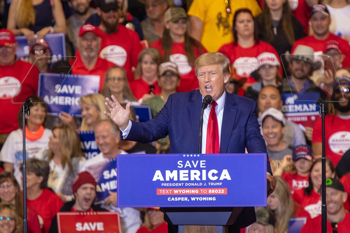 Former President Donald Trump speaks to an enthusiastic packed crowd at the Ford Wyoming Center in Casper in May 2022.