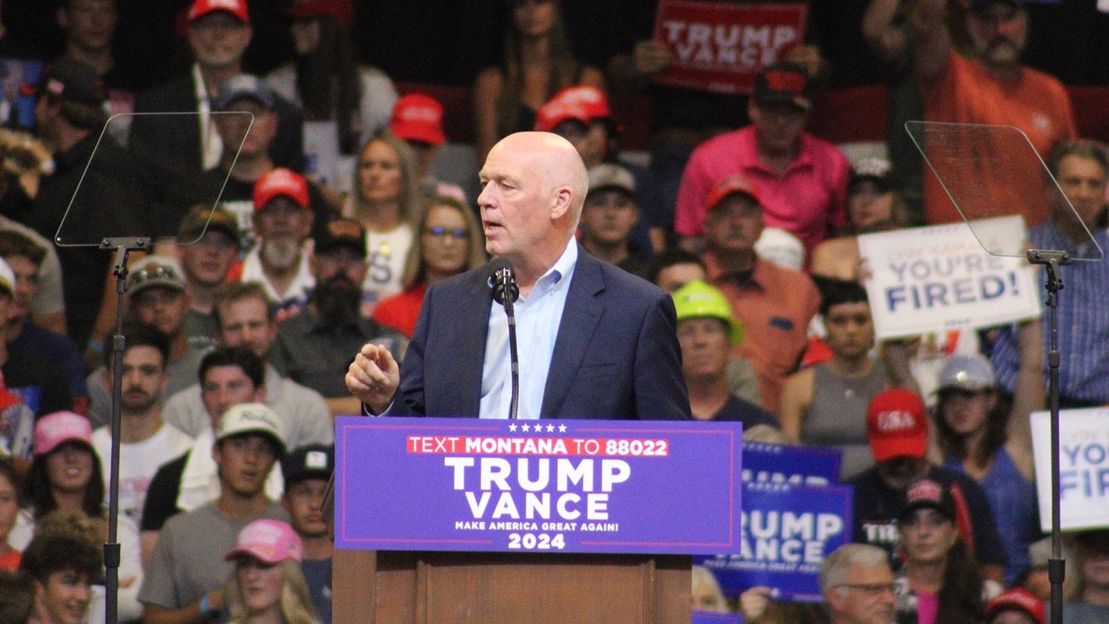 Montana Gov. Greg Gianforte speaks during the Trump rally.