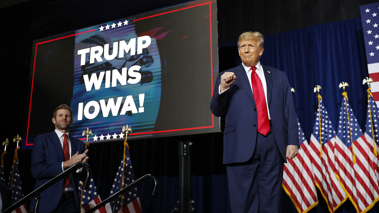 Trump celebrates after winning the 2024 Iowa Republican caucus.