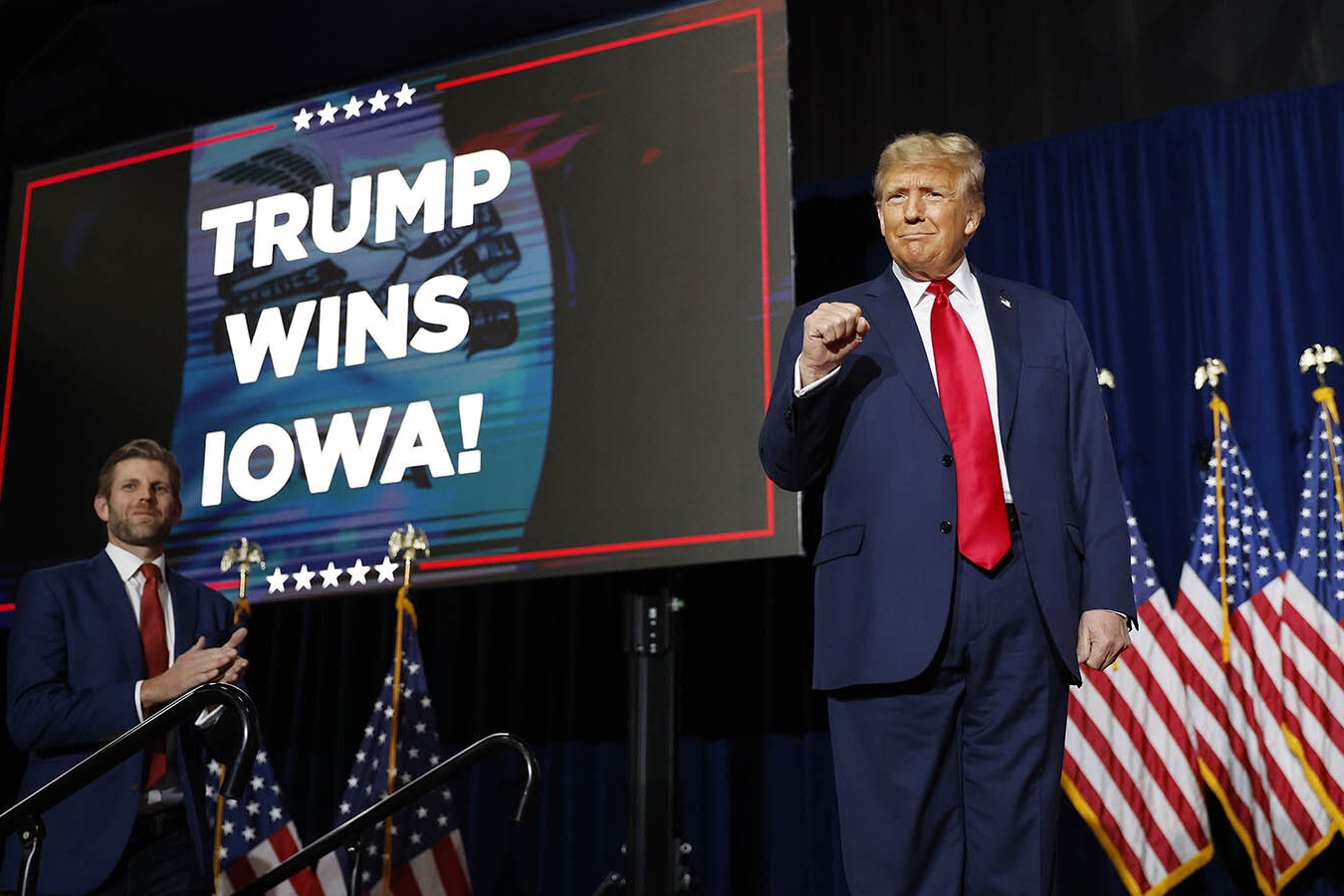 Trump celebrates after winning the 2024 Iowa Republican caucus.
