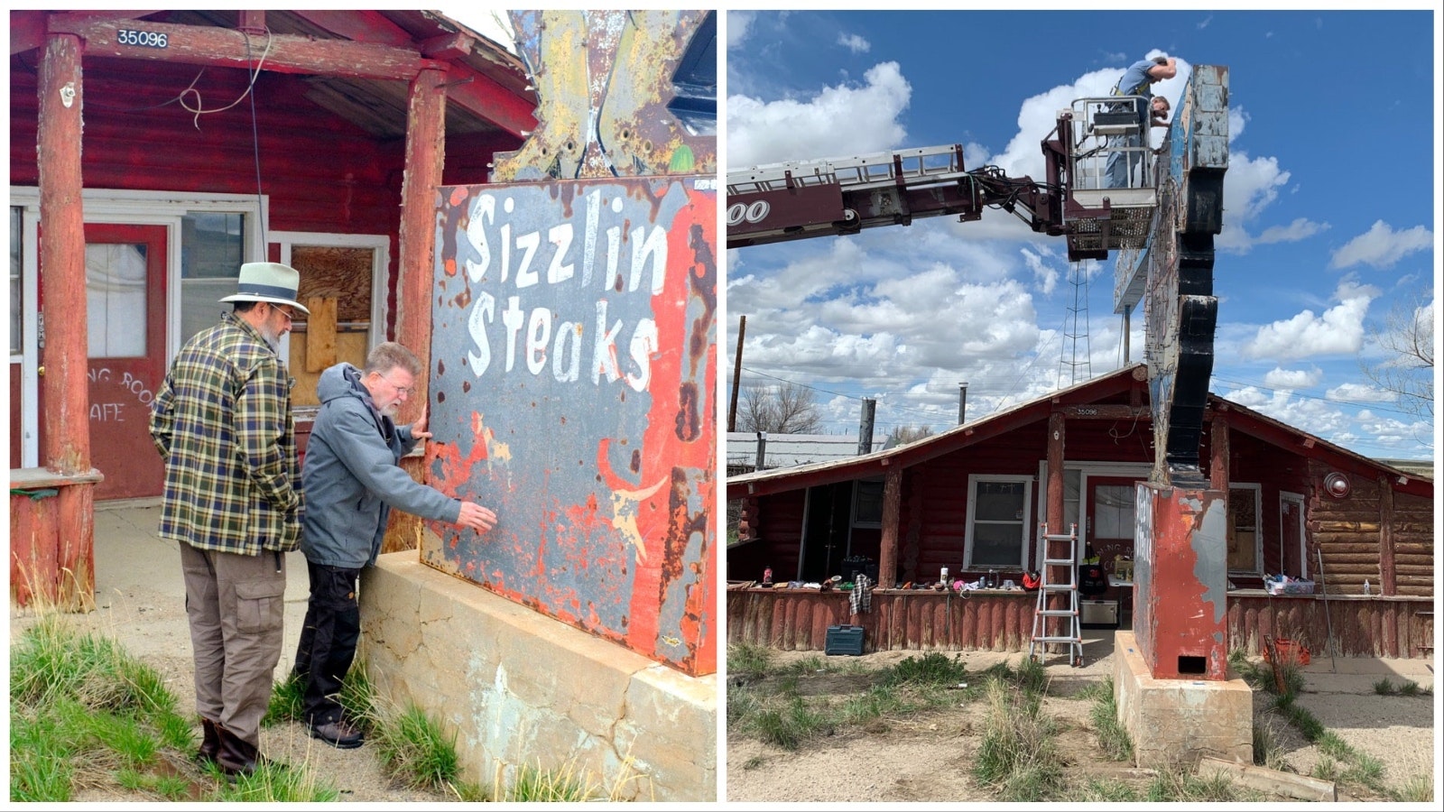 Tumble Inn owner Jonathan Thorne, right, and artist Samuel Austin discuss how they're going to restore the iconic Tumble Inn neon roadside sign in Powder River, Wyoming. At right, the work is underway.