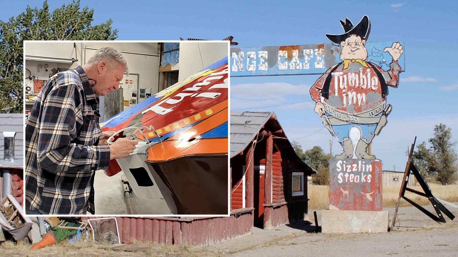 John Huff has spent 18 months restoring the giant 21-foot Tumble Inn cowboy sign, and is getting close to finishing. He hopes to have it done and up in its new home by Memorial Day.