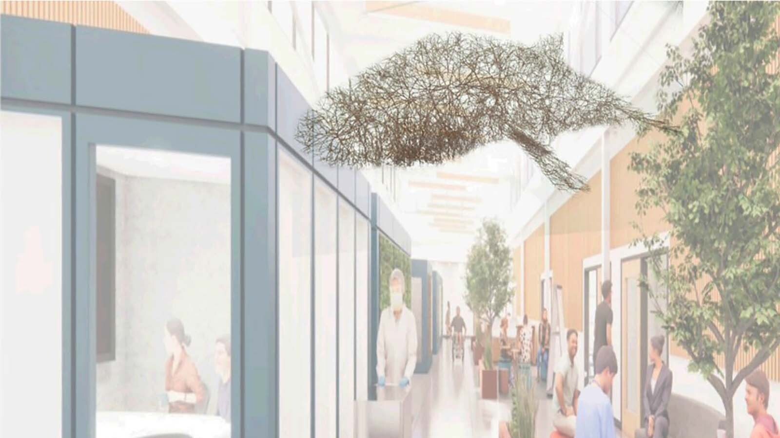 A rendering of Ben Roth's "Tumblewhale' at new Central Wyoming College campus being built in Jackson. Roth said he's anticipating installing the 70-foot long, 400-pound whale, made of steel and tumbleweed, in July 2026.