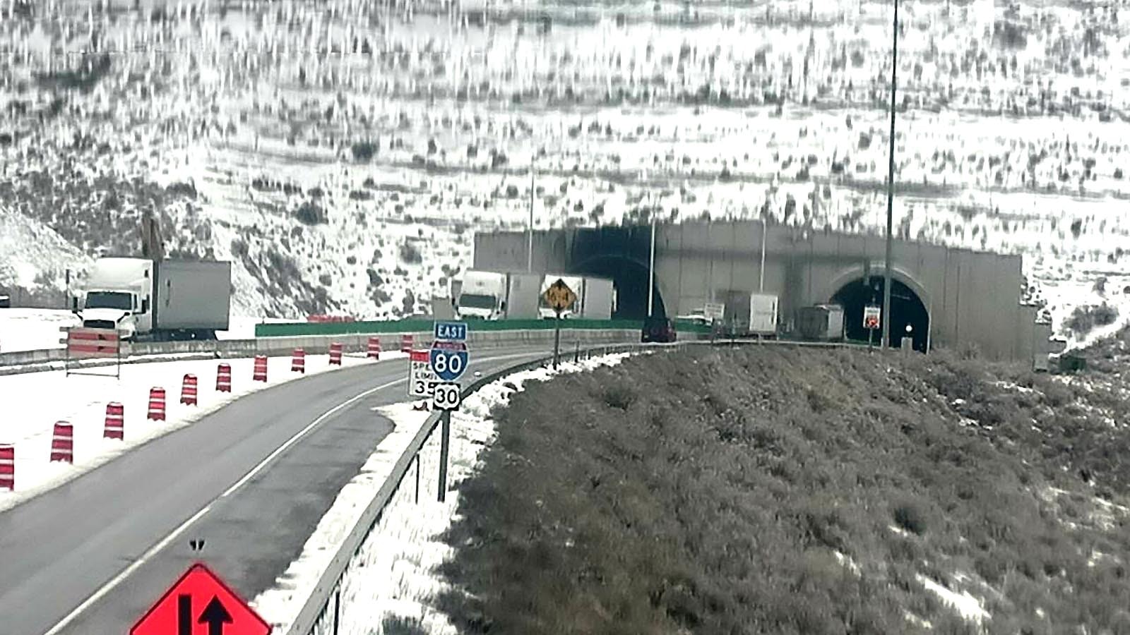 A Wyoming Department of Transportation webcam at the Green River Tunnel shows traffic moving through it again Thursday morning, Feb. 20, 2025, one lane each way through the eastbound tunnel.