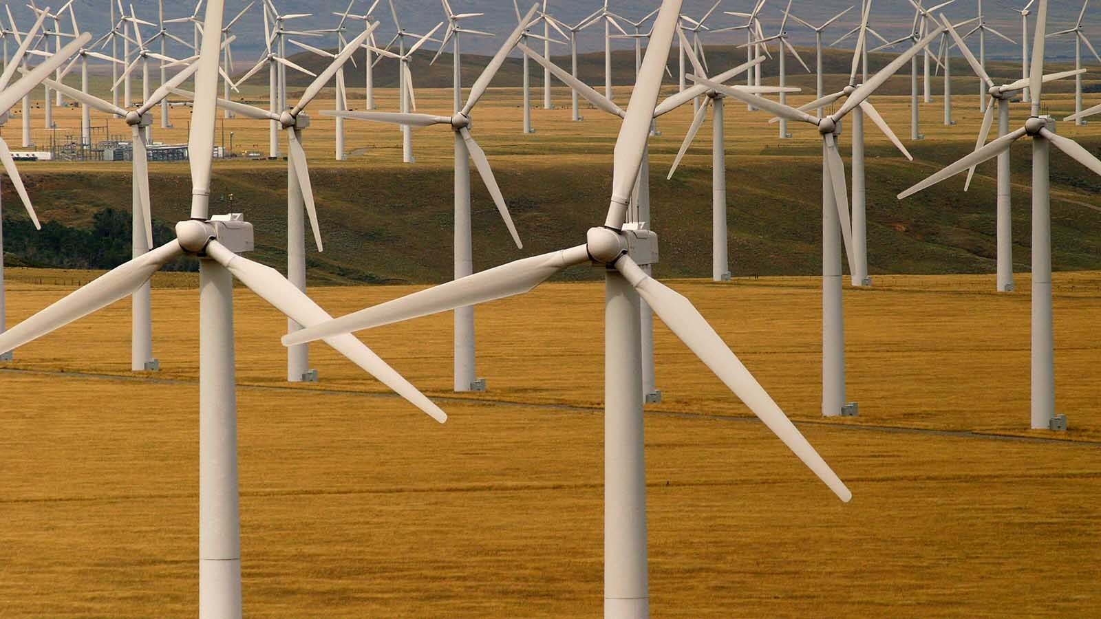 An aerial view of a wind turbine farm in southern Wyoming.
