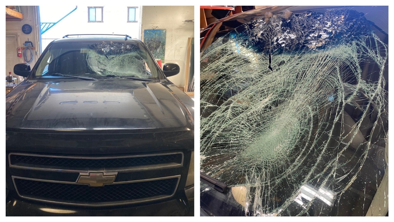 The windshield of this Chevy Suburban caved in but otherwise withstood the impact of a 20-pound turkey at 70 mph.