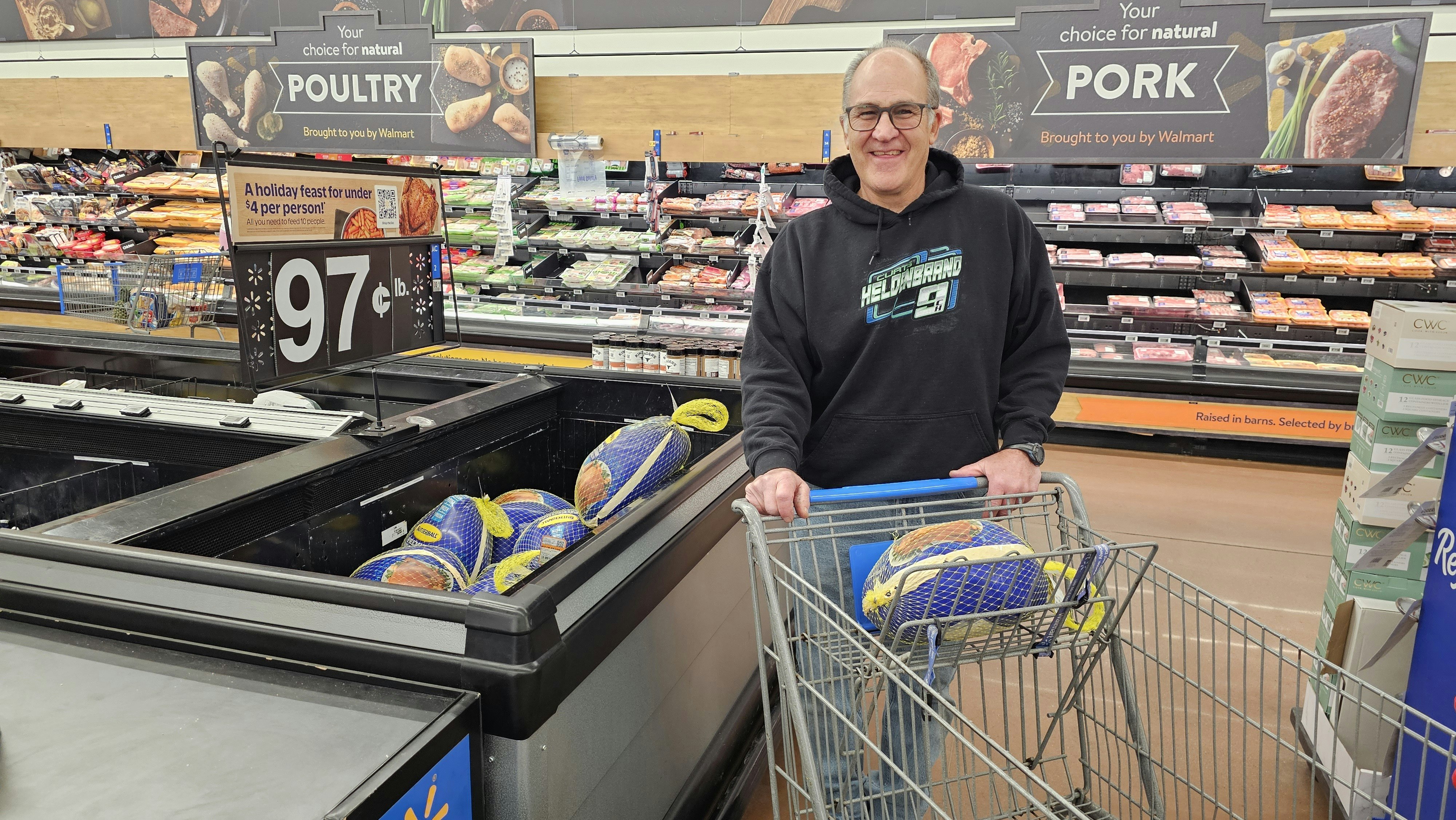 John Fiorelli picked up a Butterball bird for 97 cents a pound while shopping for Thanksgiving on Monday night. Grocery store prices have been scary lately, he said. His weekly shopping trips have been about $100 more of late.