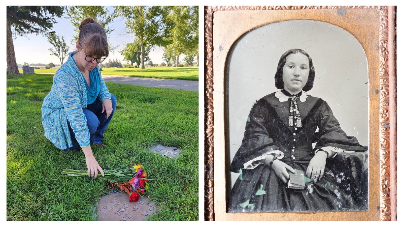 Ashley Kroner lays flowers on the grave of an unidentified baby in Cheyenne Memorial Gardens Cemetery in Cheyenne. Megan McWilliams has yet to identify the ambrotype of a lost ancestor that got her interested in genealogy and building her family tree as a young teen