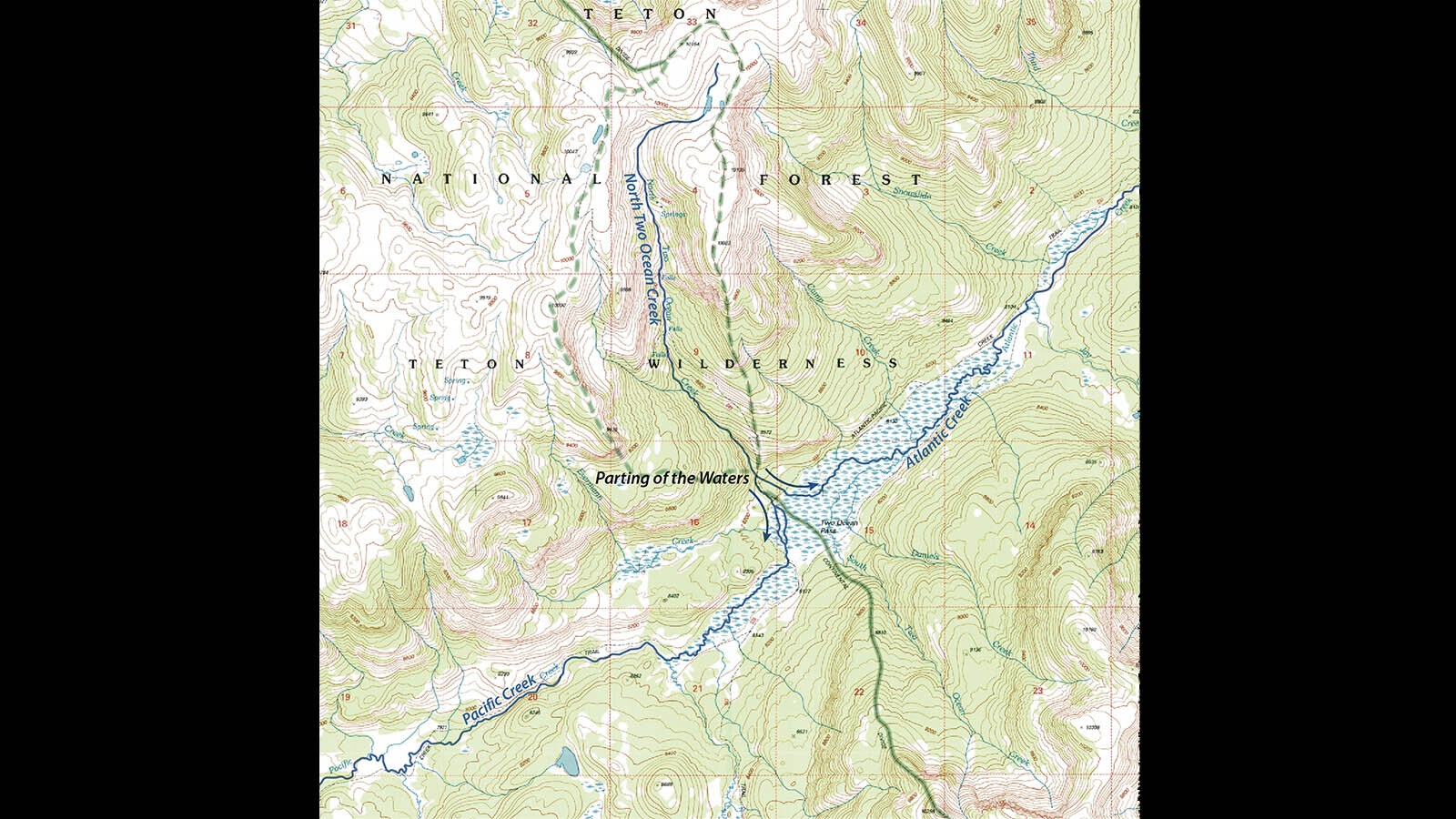 This map illustrates how the creek splits in Two Ocean Pass to flow into both the Atlantic and Pacific oceans.