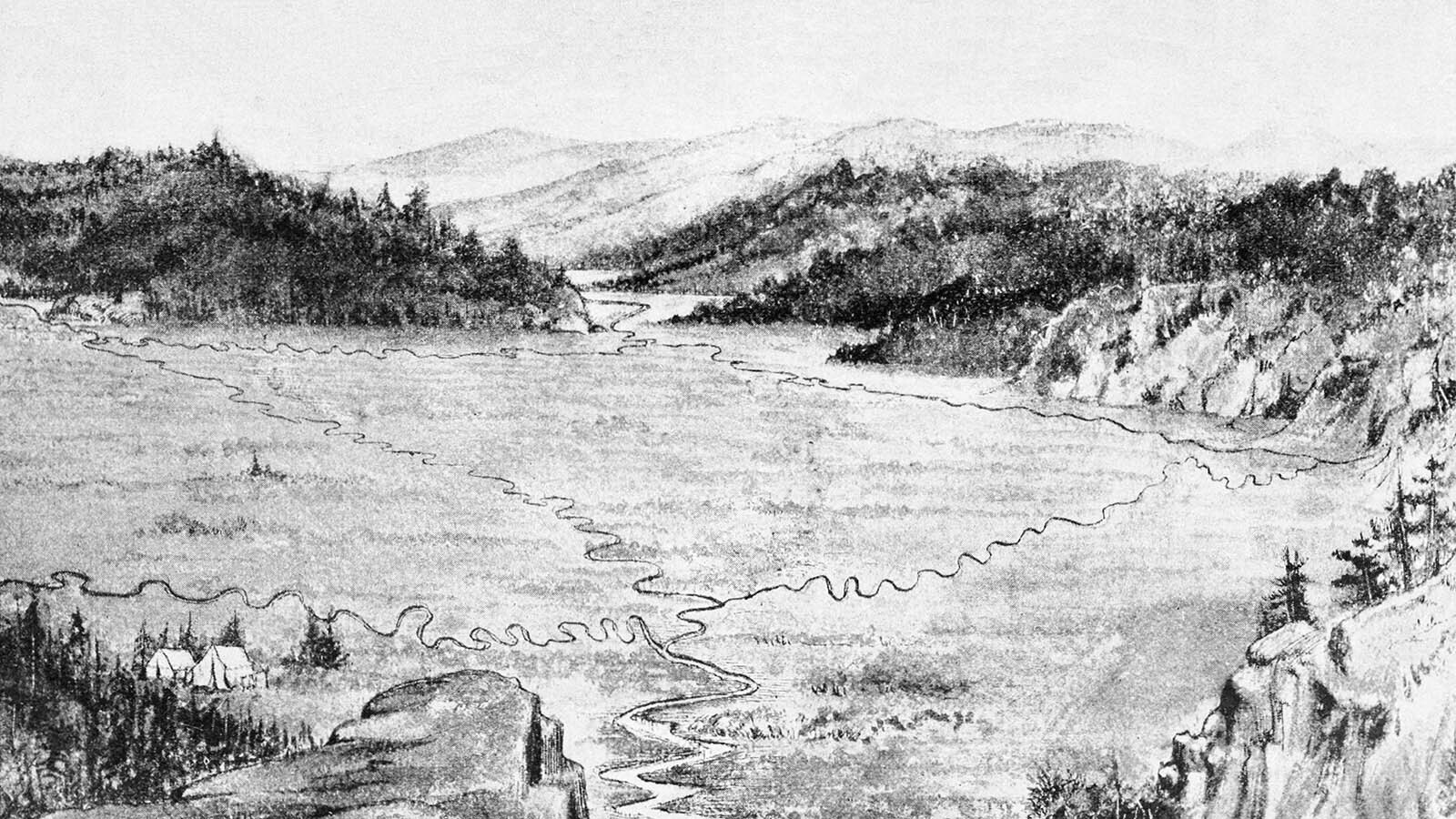 A 1894 drawing outlines Two Ocean Creek as it flows into Two Ocean Pass. Top center, Atlantic Creek flows out, while Pacific Creek flows southwest near the bottom of the drawing.