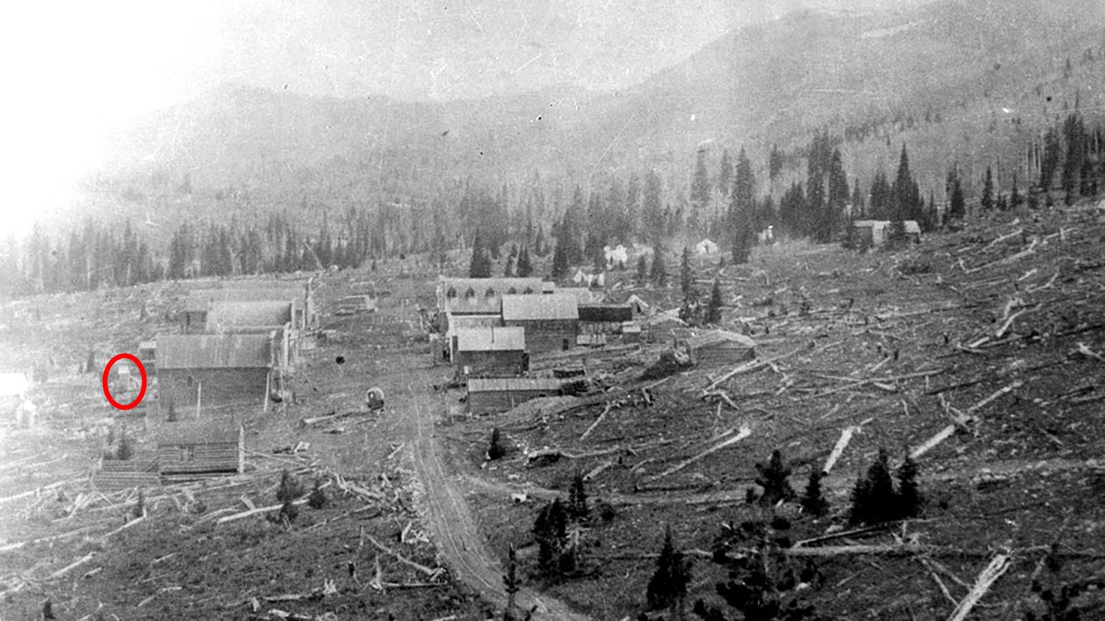 The two-story outhouse can be seen behind a hotel (second building on the left) in an aerial shot of Dillon from the early 1900s.