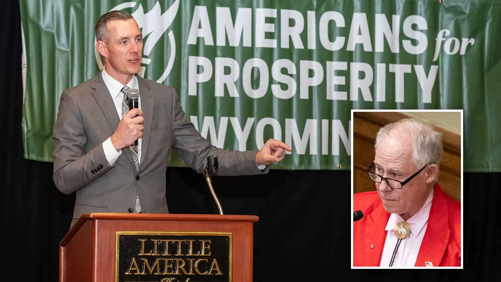 Americans for Prosperity Wyoming Director Tyler Lindholm and state Rep. Bill Alleman, R-Midwest (inset).