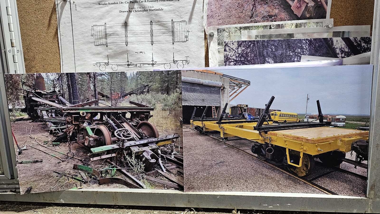 These 40-foot  Brooks Scanlon log cars from the 1920s were in Chiloquin, Oregon,  at the Collier logging museum. They were burned up in a fire, shown at left, and sent to Mike Pannell, who lives near Carpenter, for restoration, shown at right.