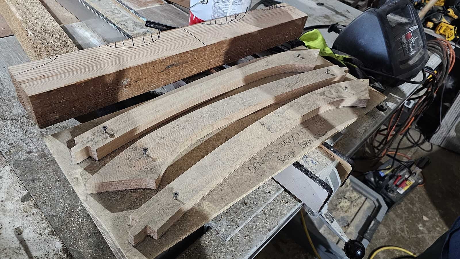 These patterns are made to use with a lathe he found at an estate sale that was designed by a Russian woodworker. The design allows multiple, identical copies to be made of a particular pattern, and has proven useful for Michael Pannell's train restoration projects.