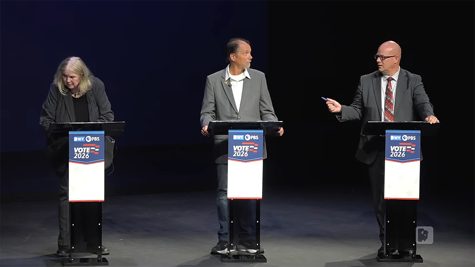 Republican Wyoming U.S. House candidate Chuck Gray didn't participate in Thursday's debate at Riverton High School. That didn't stop his opponents from speaking out on the issues. They are, from left, Democrate Lisa Kinney, Constitutionalist Jeffrey Haggit, and Libertarian Shawn Johnson.