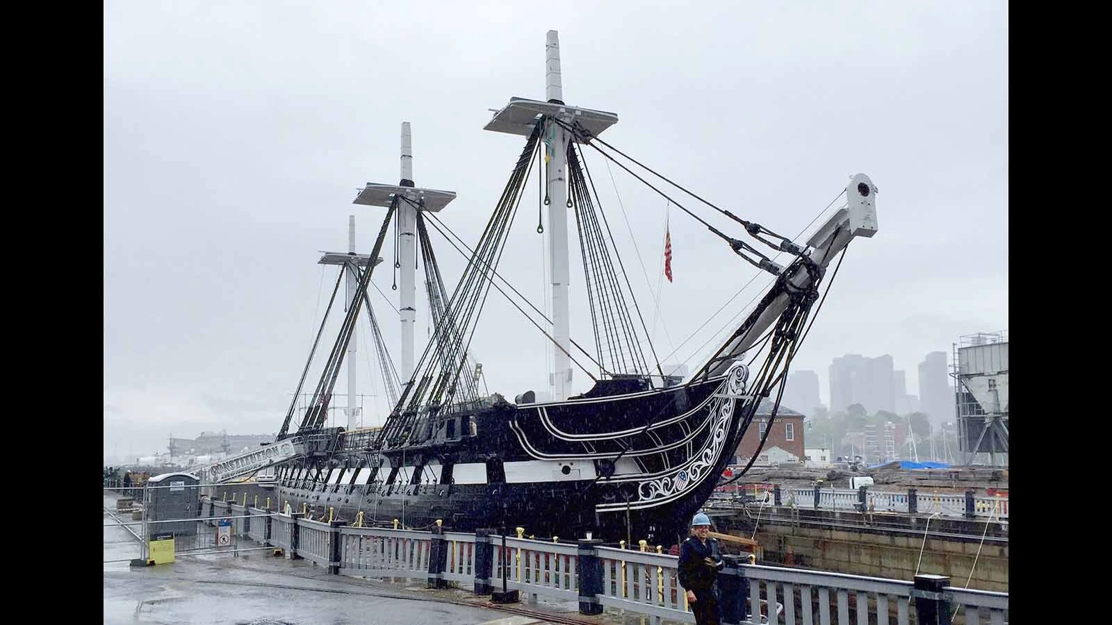 The USS Constitution in dry dock at the Charlestown Navy Yard within the Boston National Historical Park in Charlestown, Massachusetts.