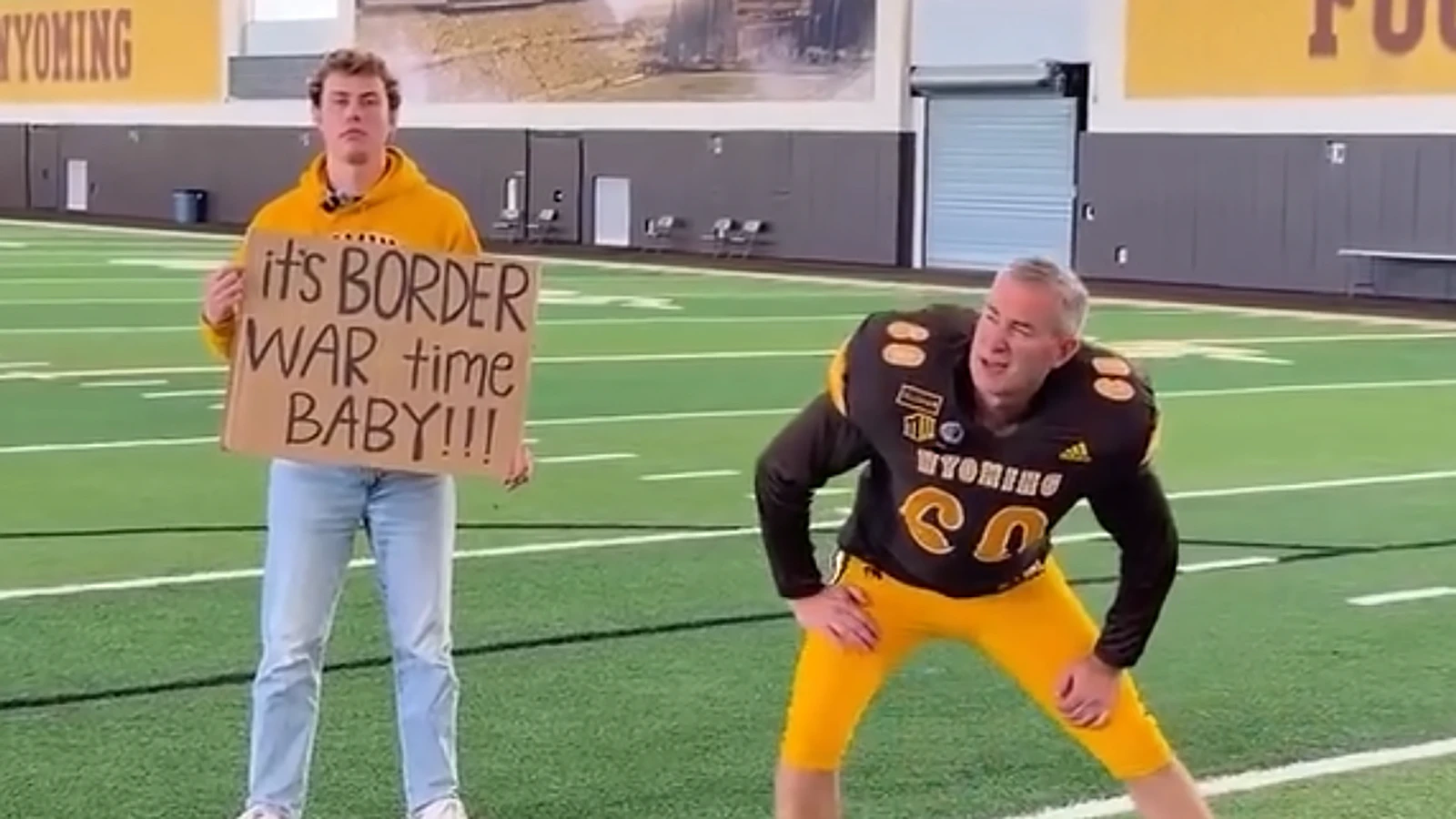 New University of Wyoming President Shane Reeves claims in a series of videos smack-talking Saturday's 118th Border War football game against Colorado State University that he's going to suit up for the game.