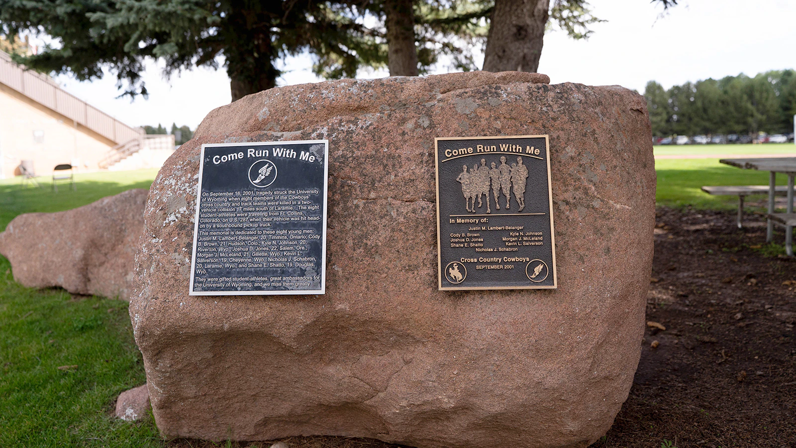 A "Come Run With Me" memorial is a permanent display honoring the eight University of Wyoming cross country runners who lost their lives in a car accident on Sept. 16, 2001.