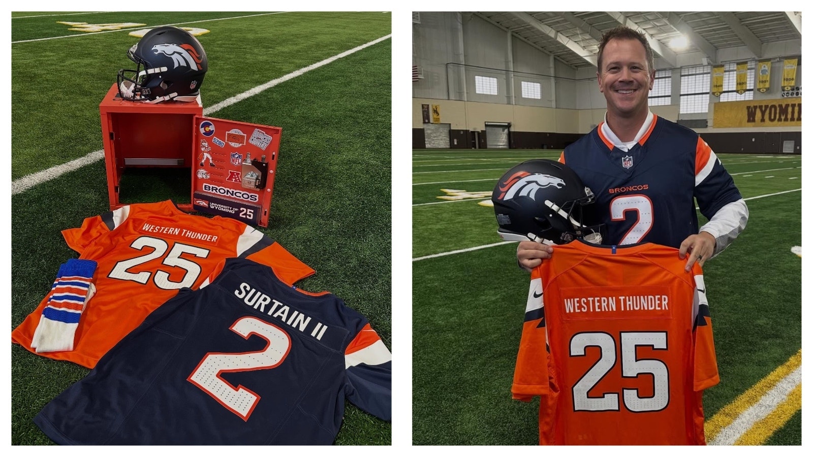After a halftime lightning canceled their big performance, the Denver Broncos are making it up to University of Wyoming’s marching band seniors with a VIP game-day invitation and promises of a future show. The team also sent the band some Broncos swag to help make up for the disappointement of not performing.