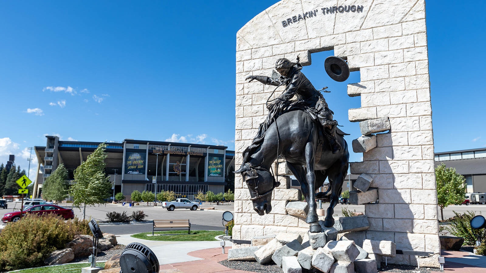 This sculpture titled "Breaking Through" is at the main entrance to the War Memorial Stadium parking lot on the University of Wyoming campus in Laramie.