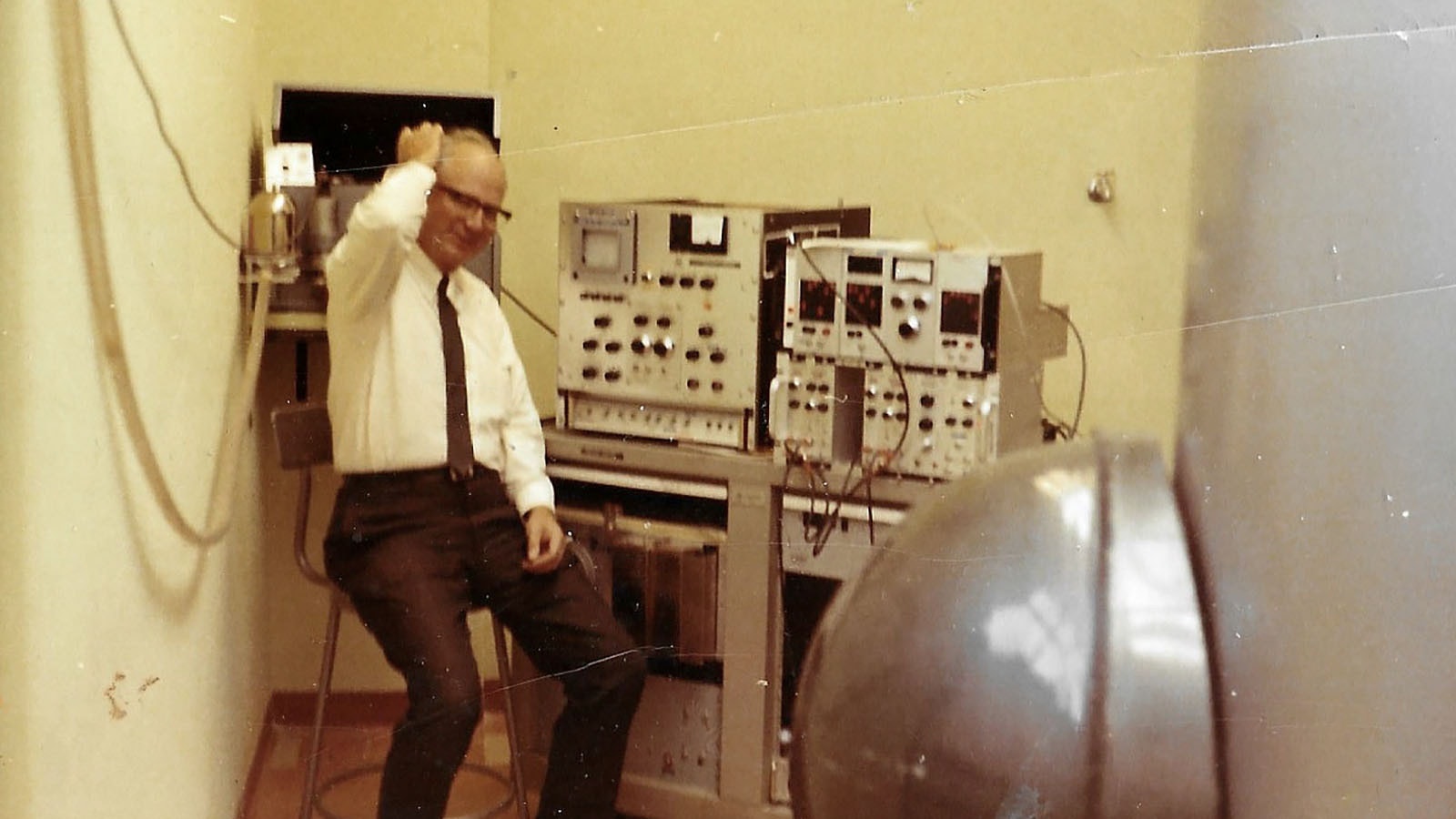Dr. Victor Ryan in the small control room of the tiny nuclear reactor he brought to the University of Wyoming and was kept in the basement of the old engineering building.
